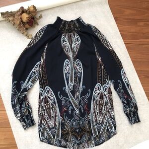 Chicos Navy Blue Paisley Tunic Long Sleeve Mock Turtleneck